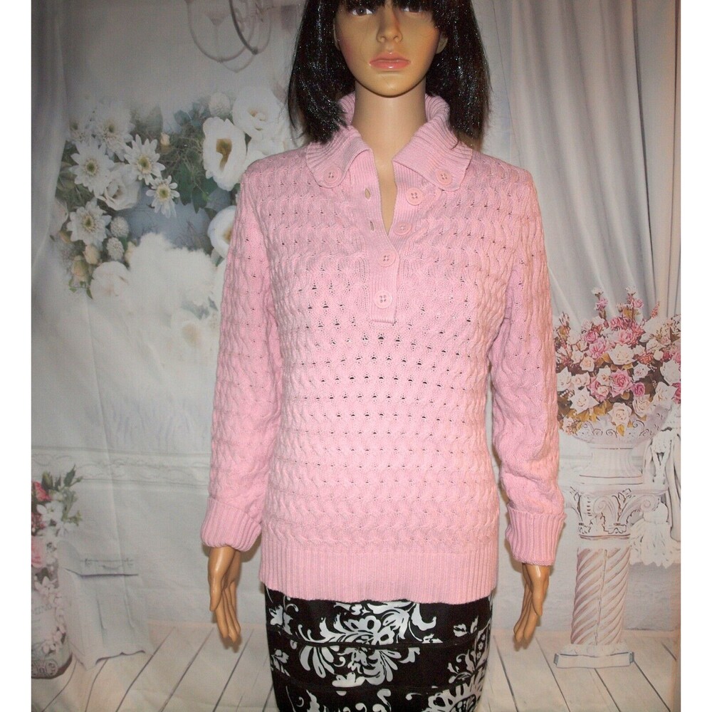 Liz Claiborne Long Sleeve knit sweater polo top blush pink vintage M Medium